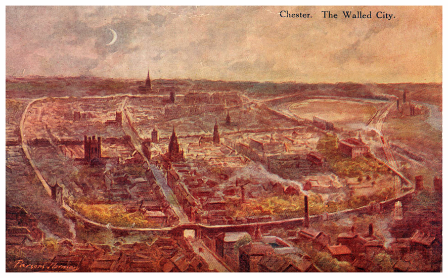 painted aerial view of Chester